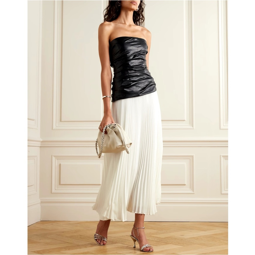 SIMKHAI Arie strapless faux leather pleated crepe midi dress NWT